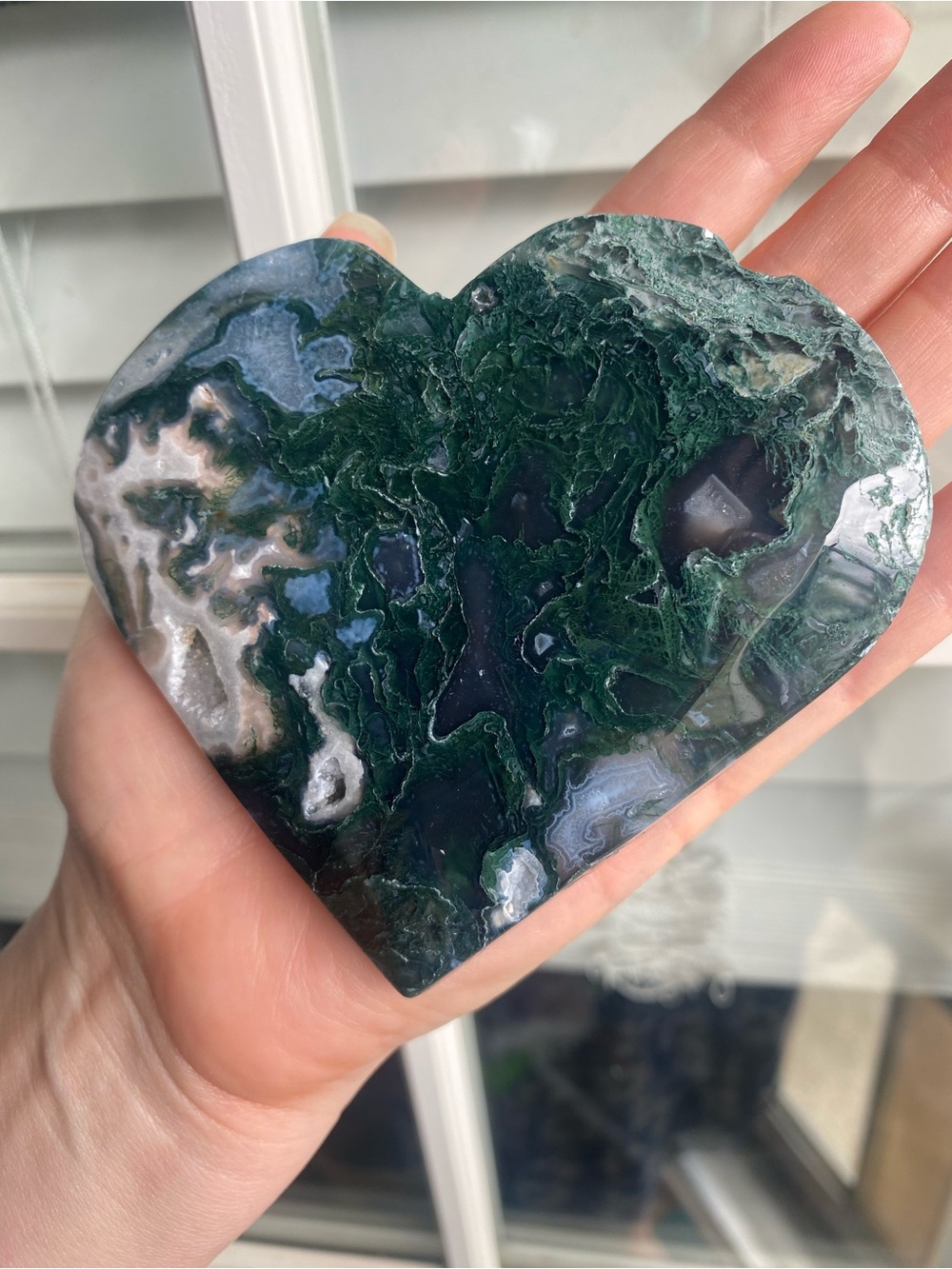 Heart Shaped Moss Agate Crystal - Deep Green & White